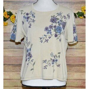 Alfred Dunner Size L LP Petite Short Sleeve Floral Sweater Cream Blue Purple